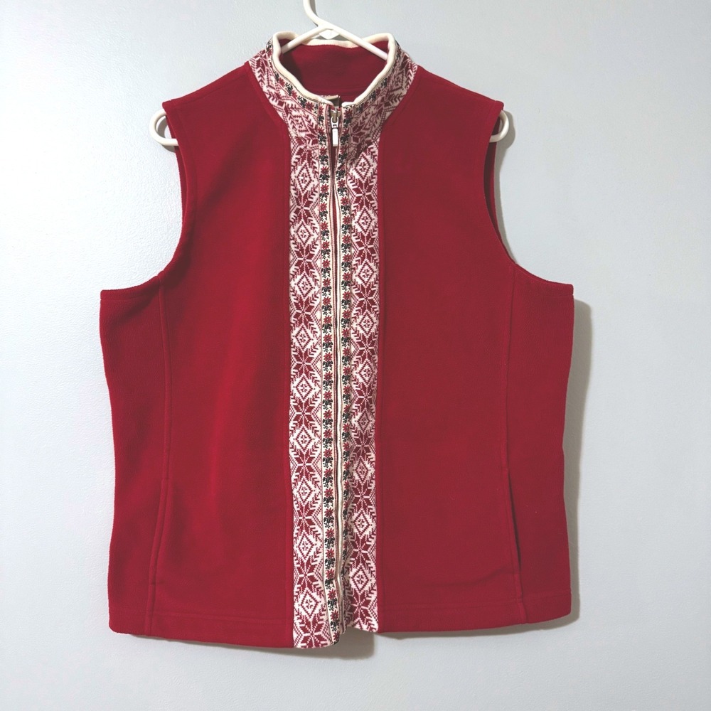 LL Bean Red Fleece Vest Womens XL Nordic Snowflake Trim Full Zip Pockets 0KUT4
